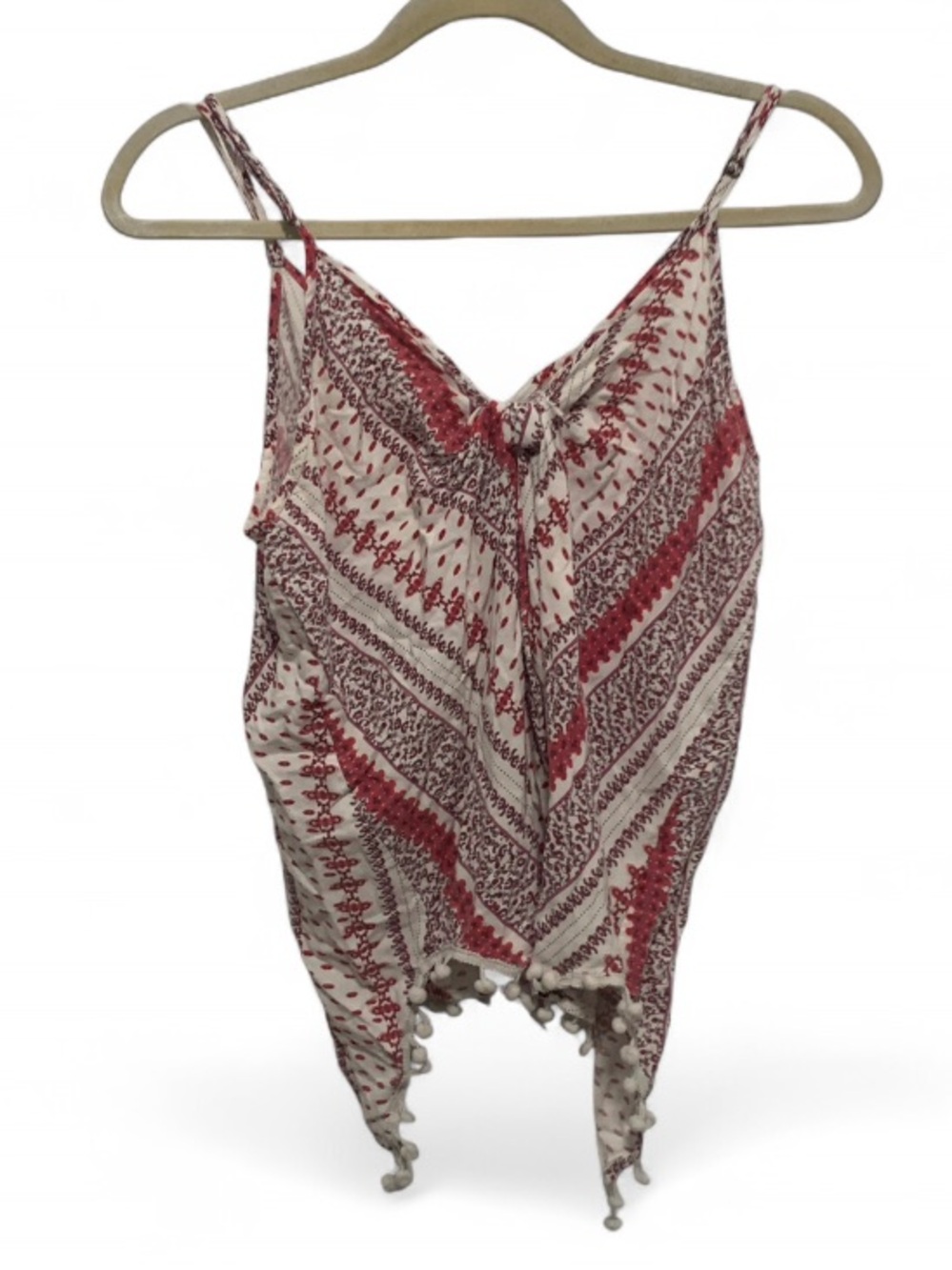 Cotton Rye Boho Red & White Printed Pom-Pom Tank Top